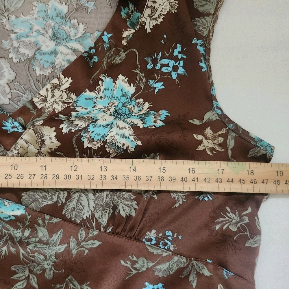 Vintage Y2K Top Brown Floral Fall Blouse Size M Satin French Cuff Button Side - Picture 7 of 8